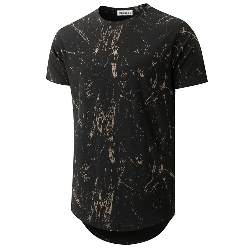 KLIEGOU Mens Hipster Hip Hop Ripped Round Hemline Pattern Print T Shirt 86 Black2 L - Image 1